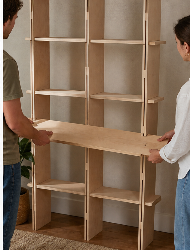 Slot-together plywood bookshelf being assembled