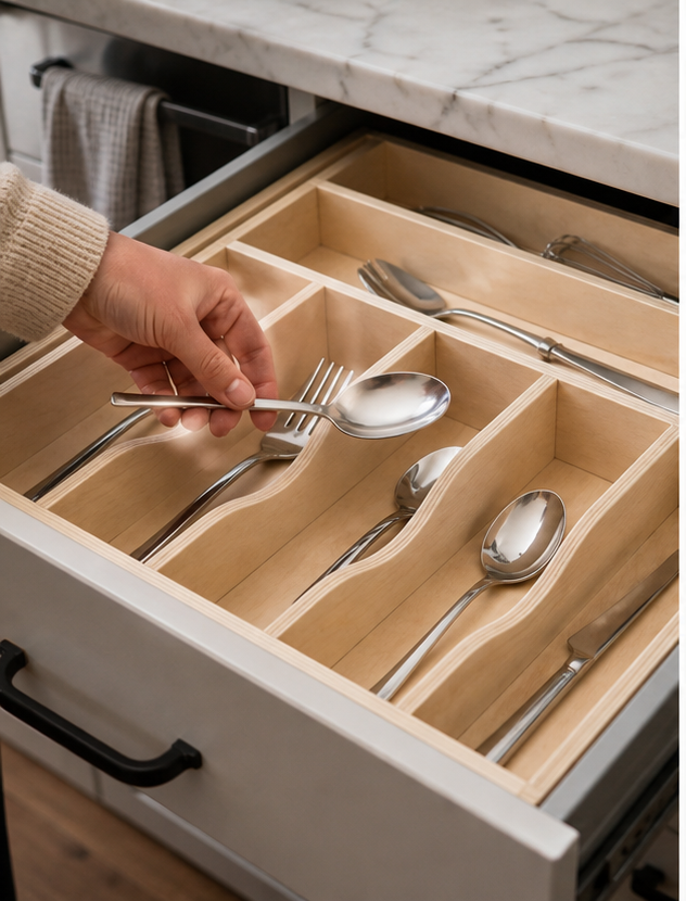 Custom plywood drawer insert holding utensils
