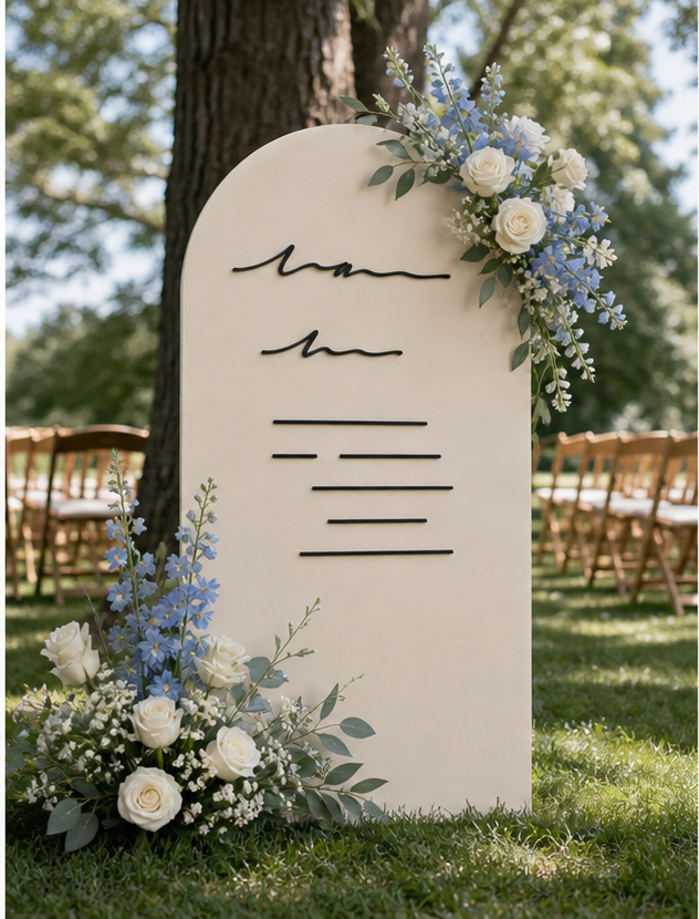 Custom arched wedding sign with floral arrangement